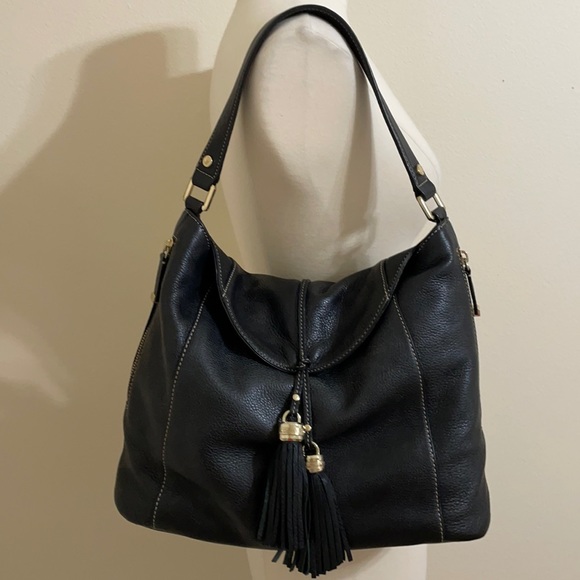 CALVIN KLEIN Black Leather Tassel Bag Light Pebble EUC - Picture 2 of 11